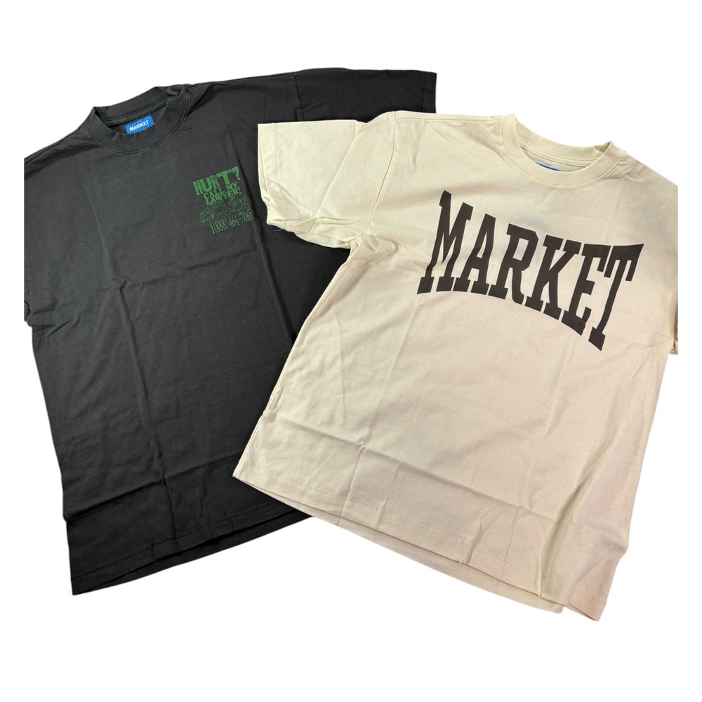 Market Studios 2 T-Shirt Bundle Mens Large Cream Logo & Grey Call My Lawyer Tee